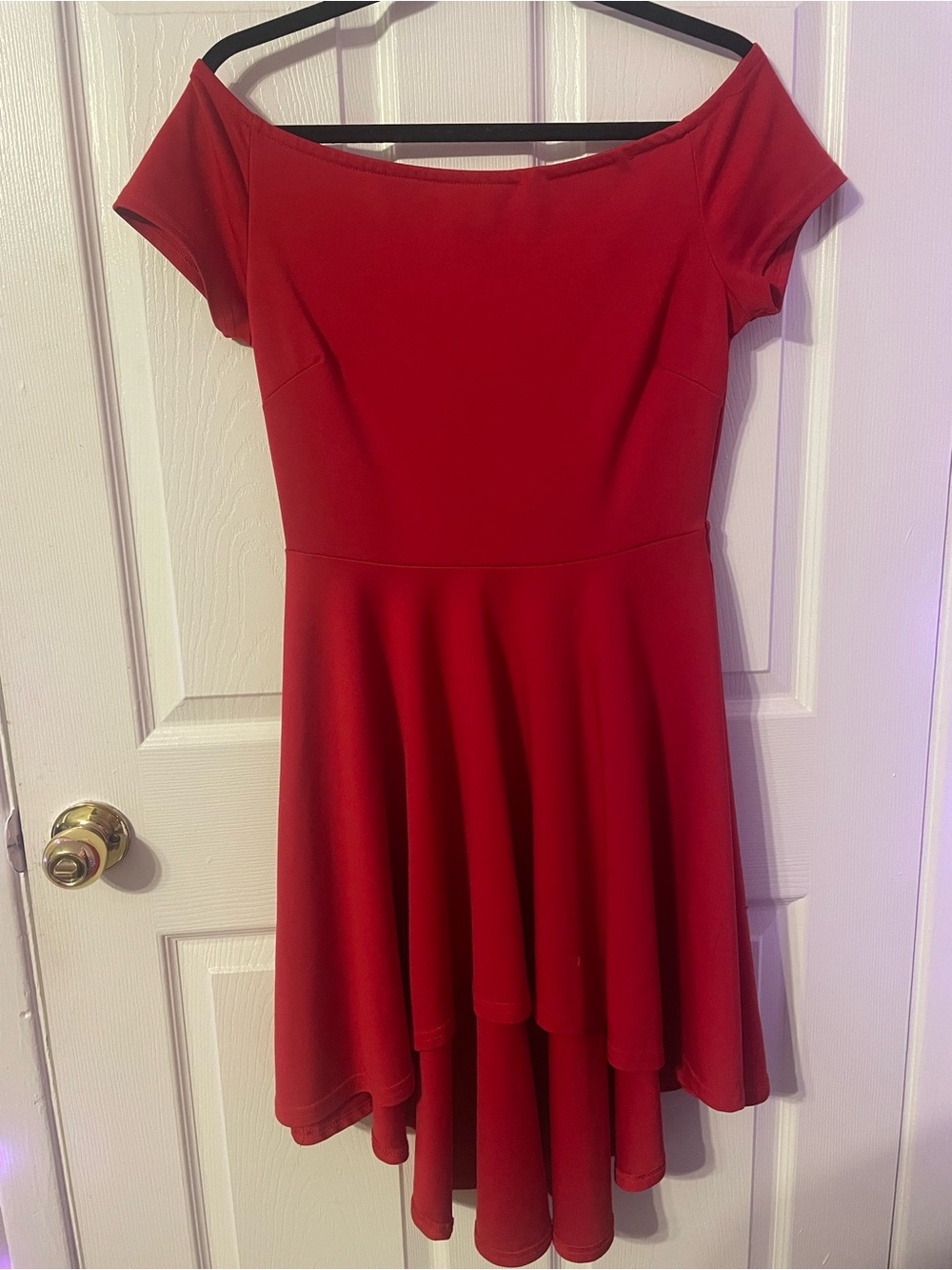 Off-Shoulder High-Low Crimson Red Skater Dress